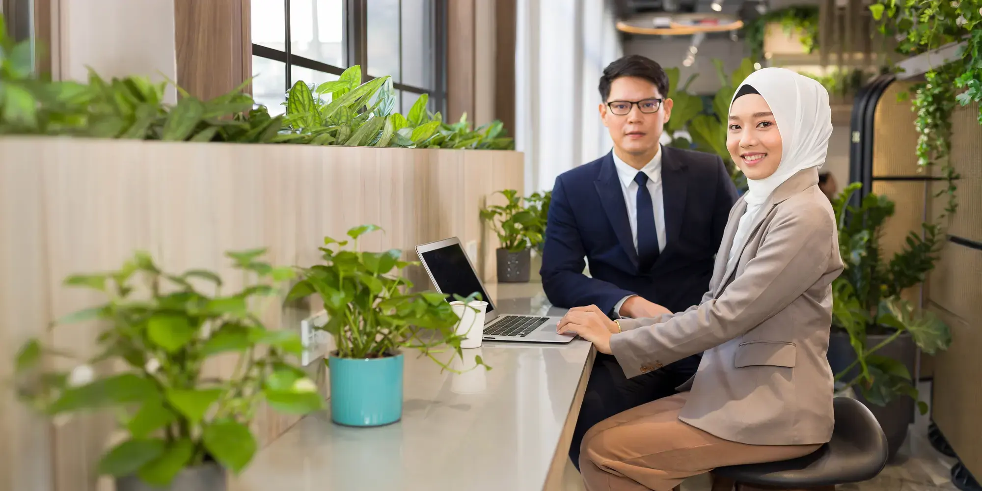 Dua rekan kerja di depan laptop di kantor yang penuh tanaman