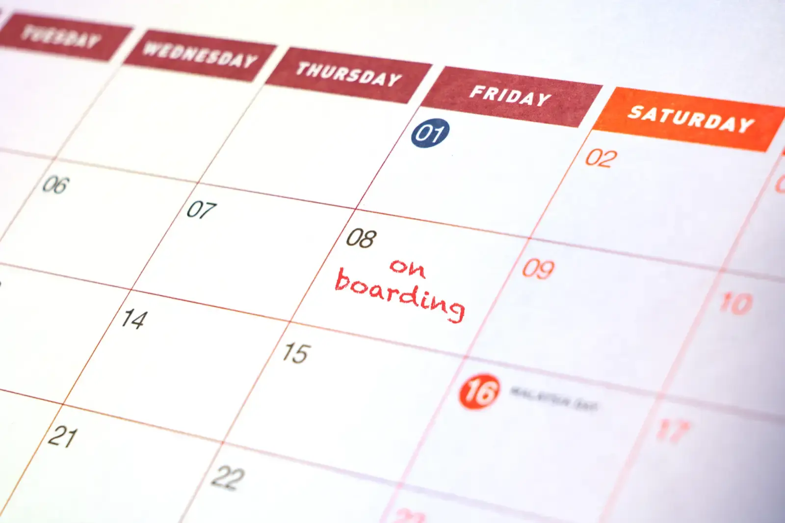 Calendar page showing upcoming onboarding date.