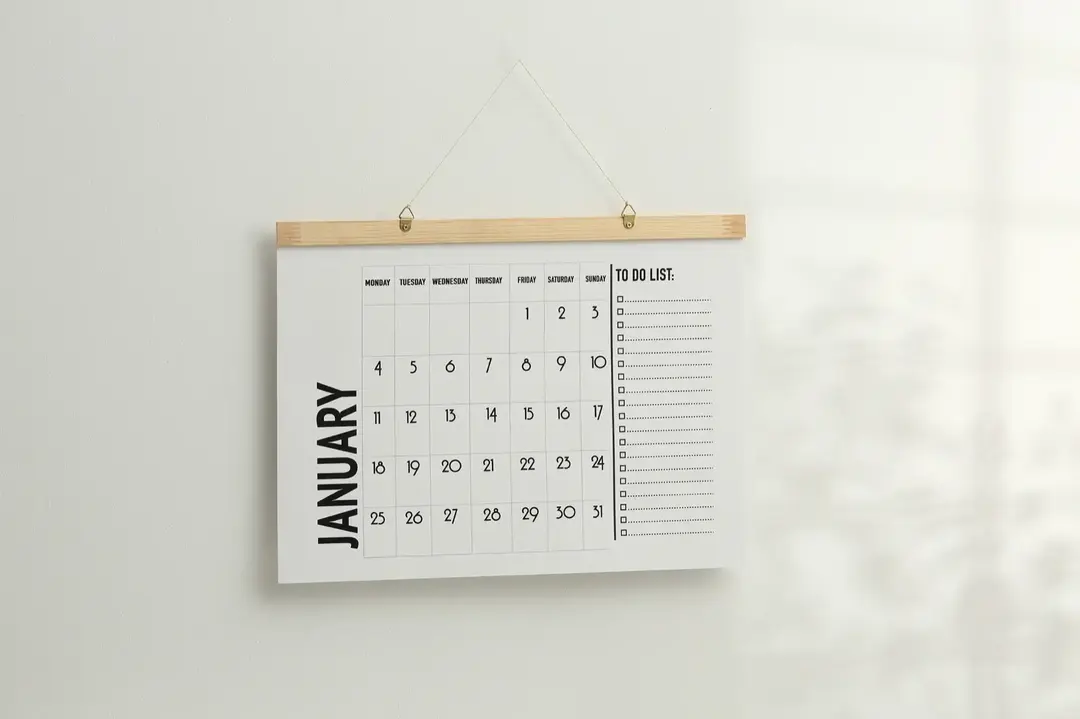 A desk calendar showing the month's schedule.