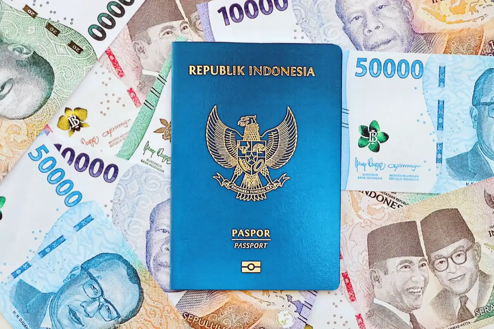 Indonesia passport and many indonesian rupiah curr.