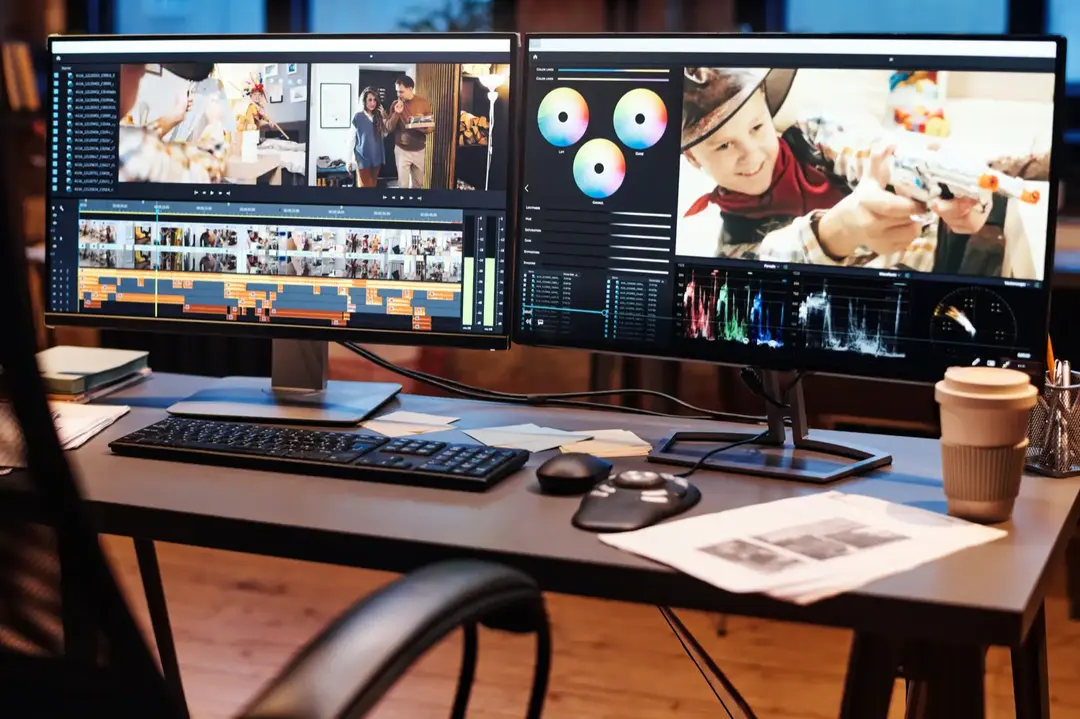 An office workplace with computer workstations.