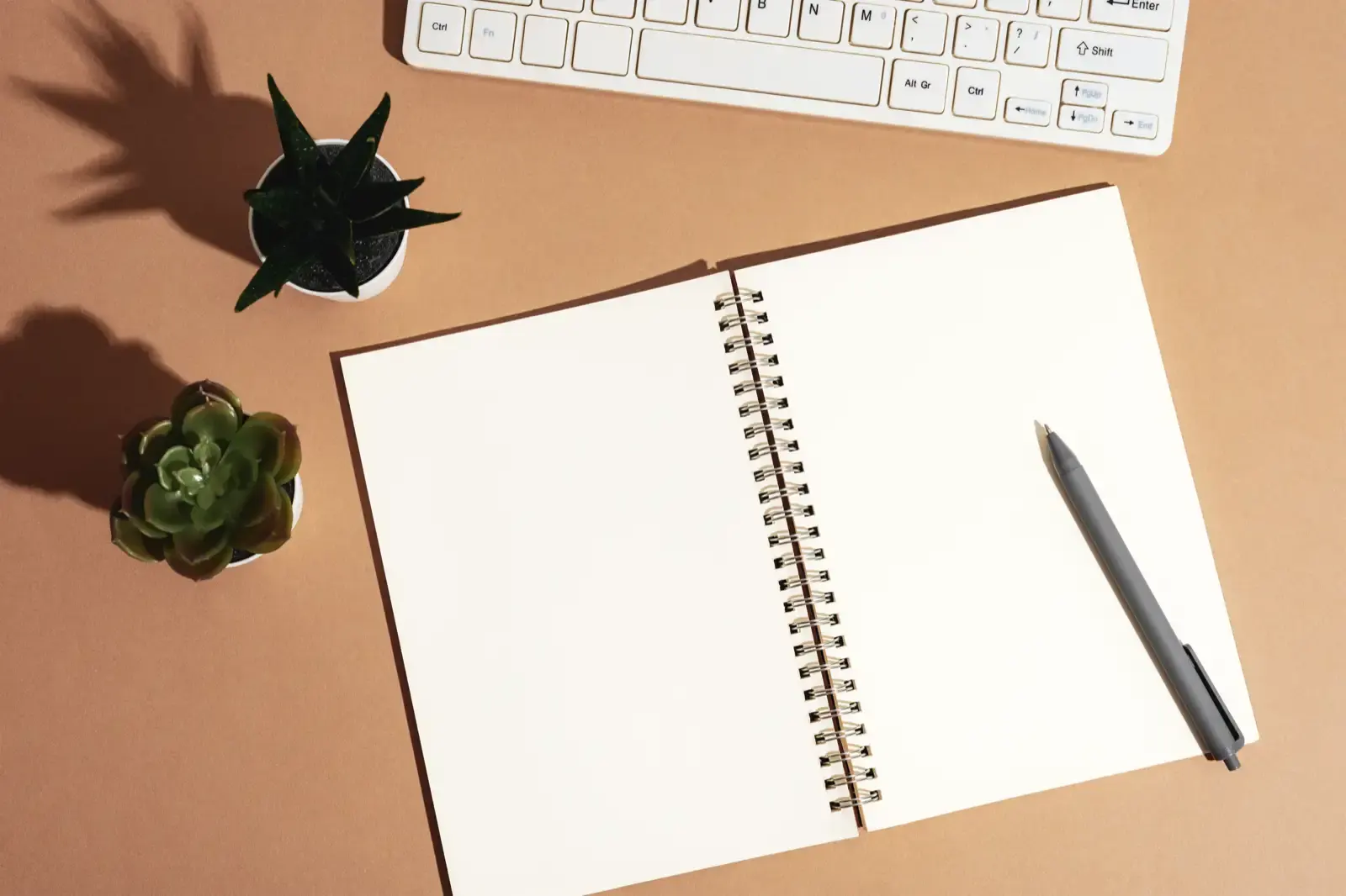 Blank notepad with pen keyboard and succulent pla.